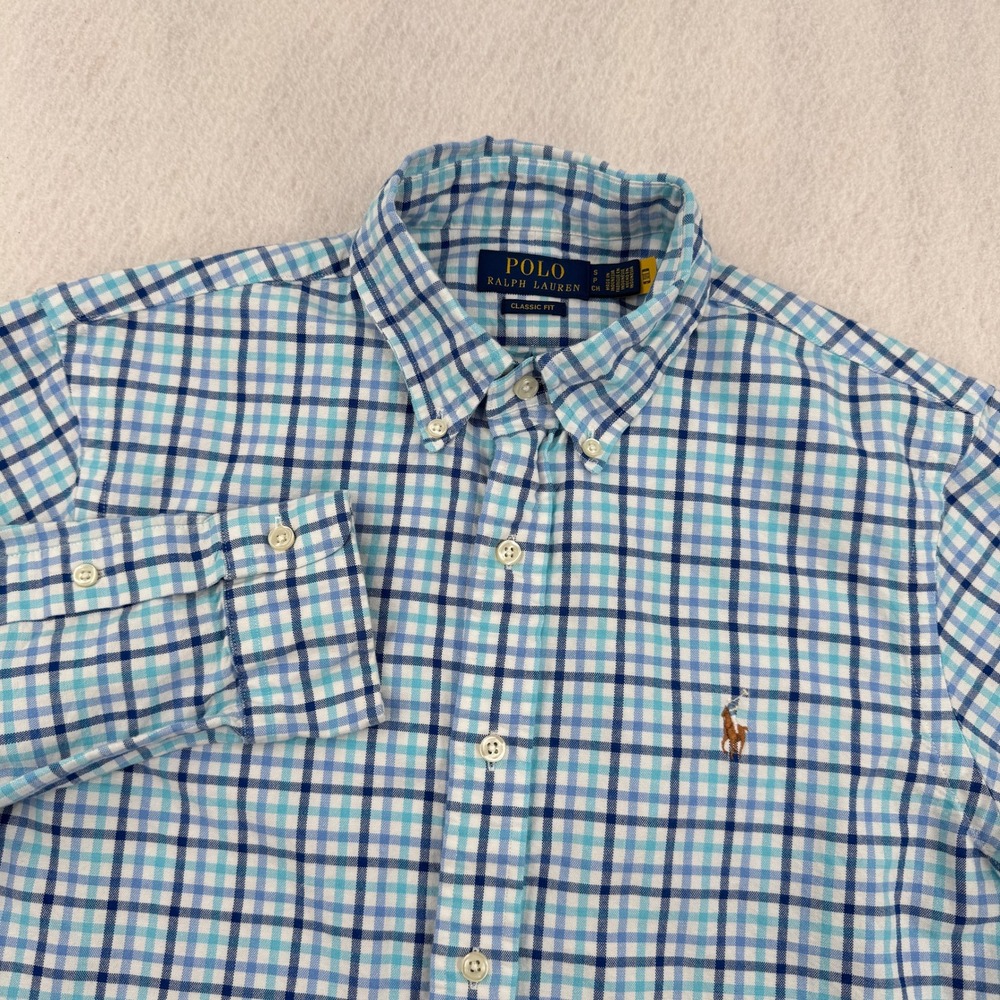 Polo Ralph Lauren Men Small Classic Fit Oxford LongSleeve Button Down Blue Plaid